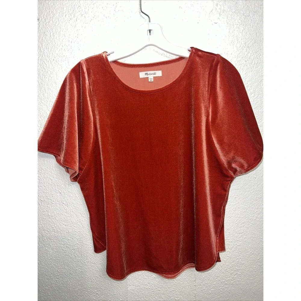 Madewell Burnt Orange Velvet Butterfly Sleeve Top Scalloped Hem XXS K4376